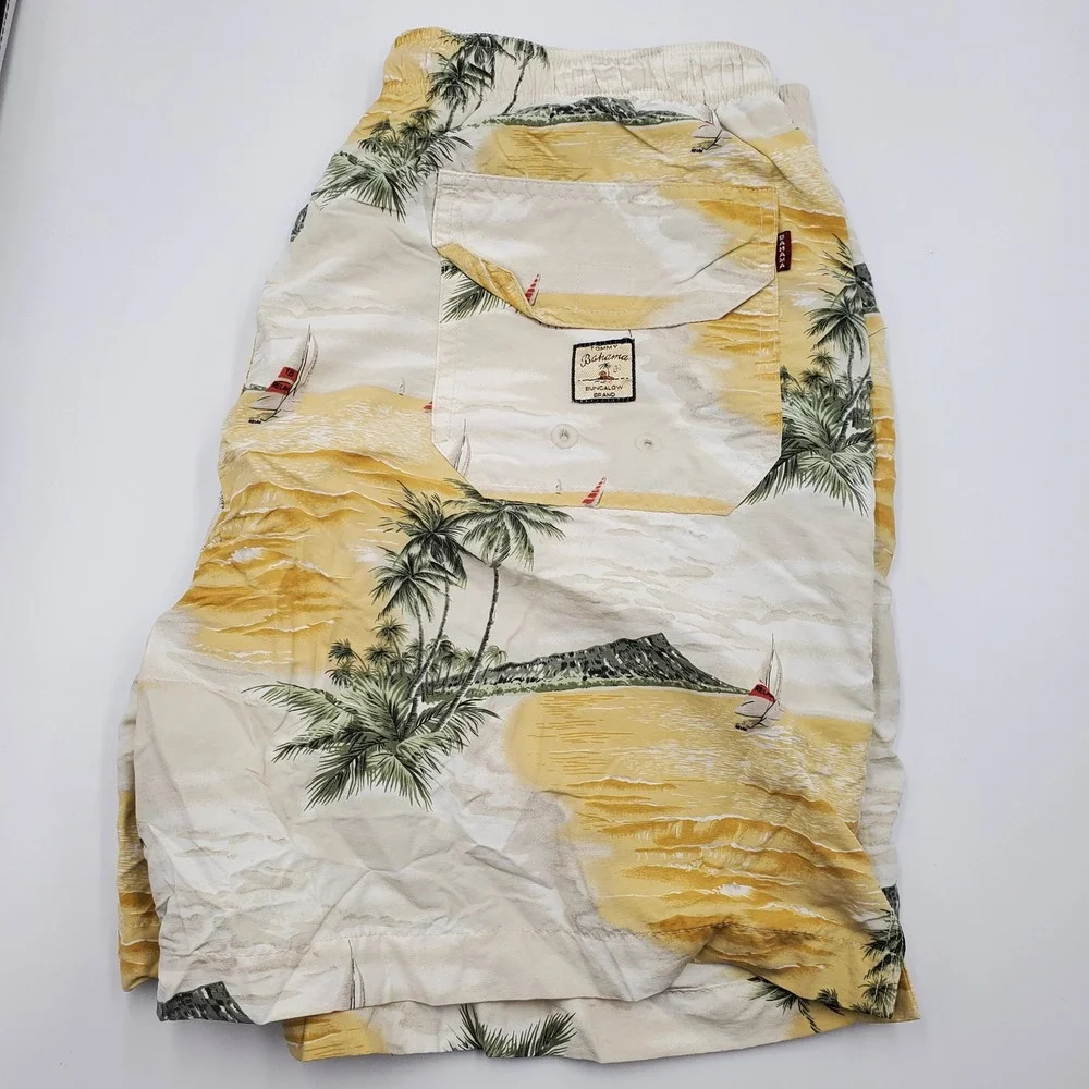 Tommy Bahama Bungalow Brand‎ Mens Yellow Tropical Island Print Swim Trunks L